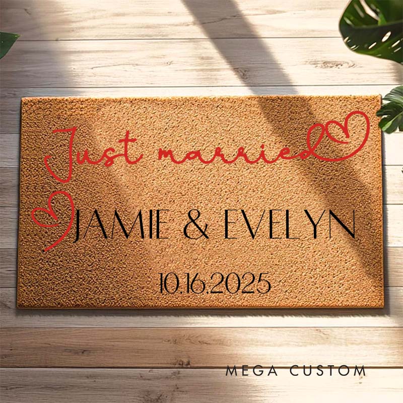 Personalized Couple Just Married with Heart Doormat Custom Newlyweds Name Door Mat Mr and Mrs Doormat Hubby Wifey Husband Wife Gift for Him Her