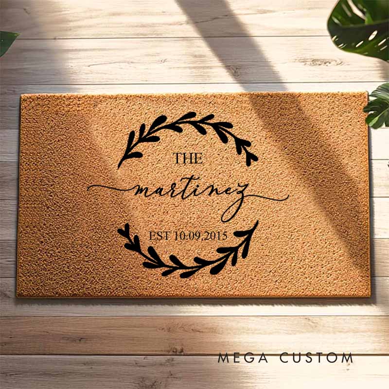 Personalized Couple Anniversary Doormat Leaf Wreath Design Doormat with Last Name and Established Year Wedding Anniversary Doormat