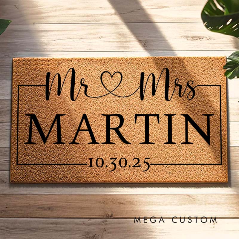 Personalized Couple Mr and Mrs with Heart Doormat Custom Newlyweds Last Name Date Door Mat Valentine's Day Hubby Wifey Husband Wife Gift for Him Her