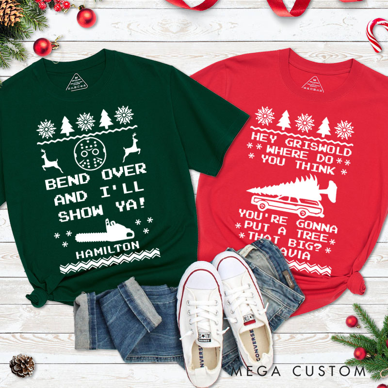 Personalized Couple Bend Over and I'll Show Ya with Christmas Tree Matching T-Shirt Couple Christmas Shirt for Husband Wife Boyfriend Girlfriend Gift