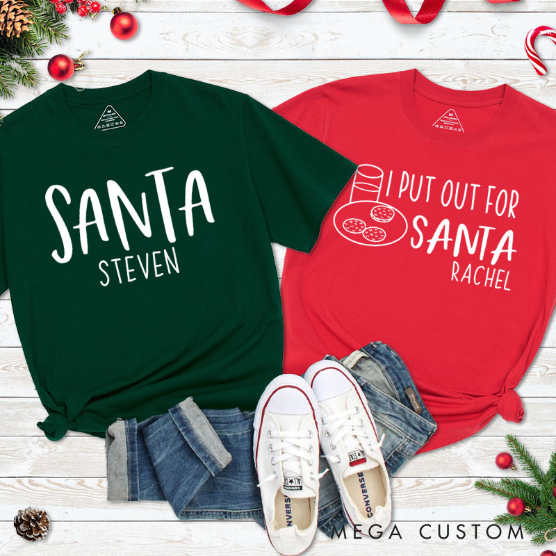 Personalized Couple Cute Santa and I Put Out for Santa Matching T-Shirt Couple Christmas T-Shirt for Husband Wife Boyfriend Girlfriend Gift