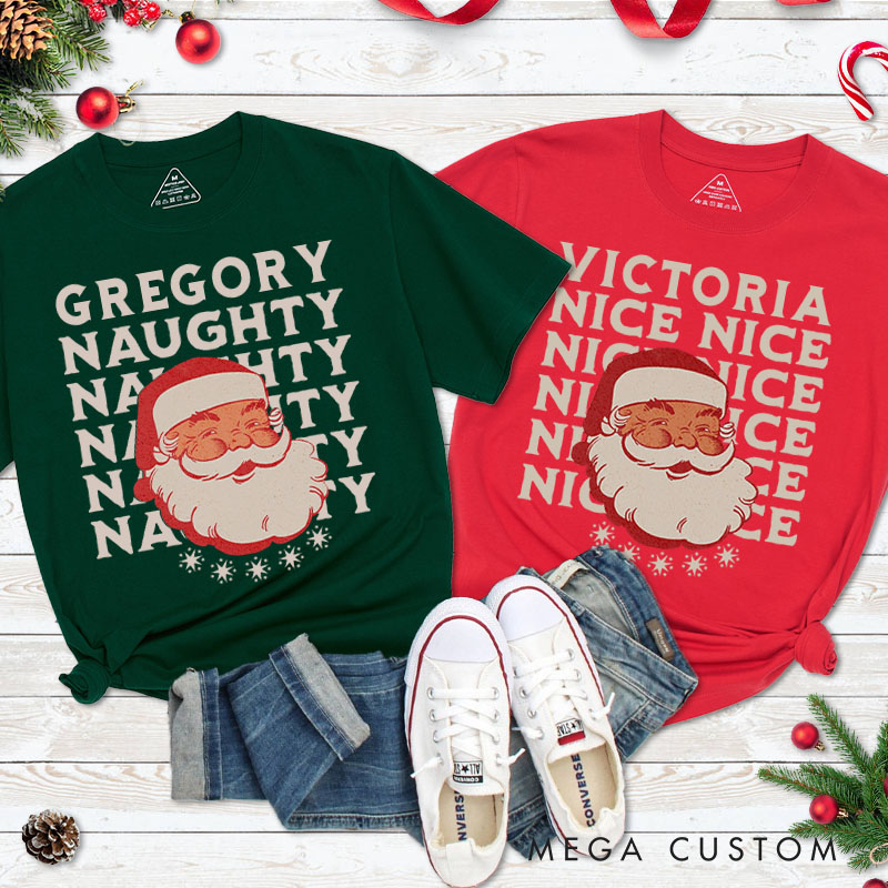 Personalized Couple Retro Naughty and Nice with Santa Christmas T-Shirt Couple Xmas Matching T-Shirt for Husband Wife Boyfriend Girlfriend