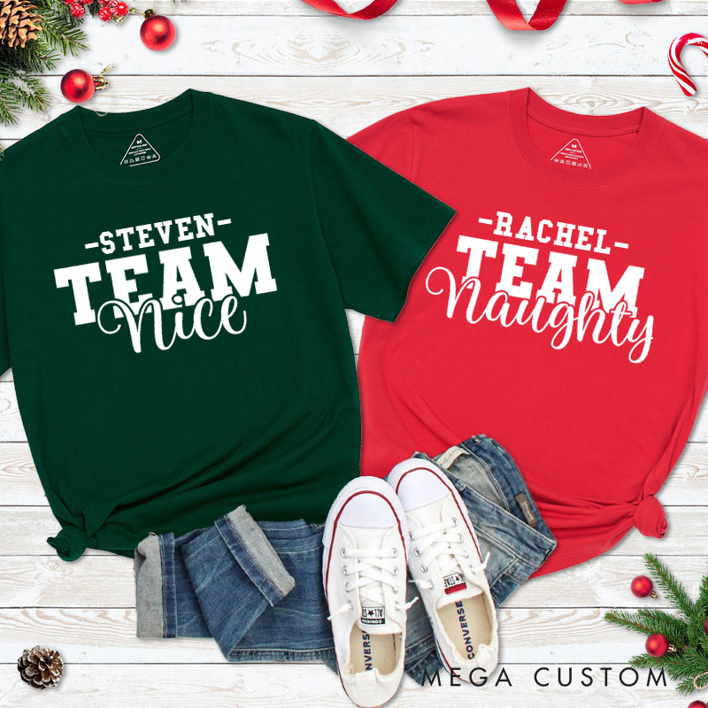 Personalized Couple Team Nice and Team Naughty Christmas T-Shirt with Name Couple Xmas Matching T-Shirt for Husband Wife Boyfriend Girlfriend