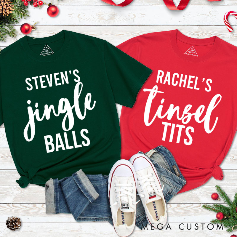 Personalized Couple Minimalist Jingle Balls and Tinsel Tits Christmas Matching T-Shirt Couple Xmas T-Shirt for Husband Wife Boyfriend Girlfriend