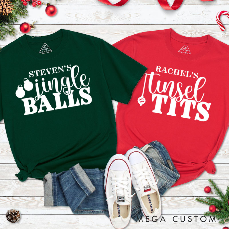 Personalized Couple Playful Jingle Ball and Tinsel Tits Christmas Matching T-Shirt Couple Xmas T-Shirt for Husband Wife Boyfriend Girlfriend Tee Tops