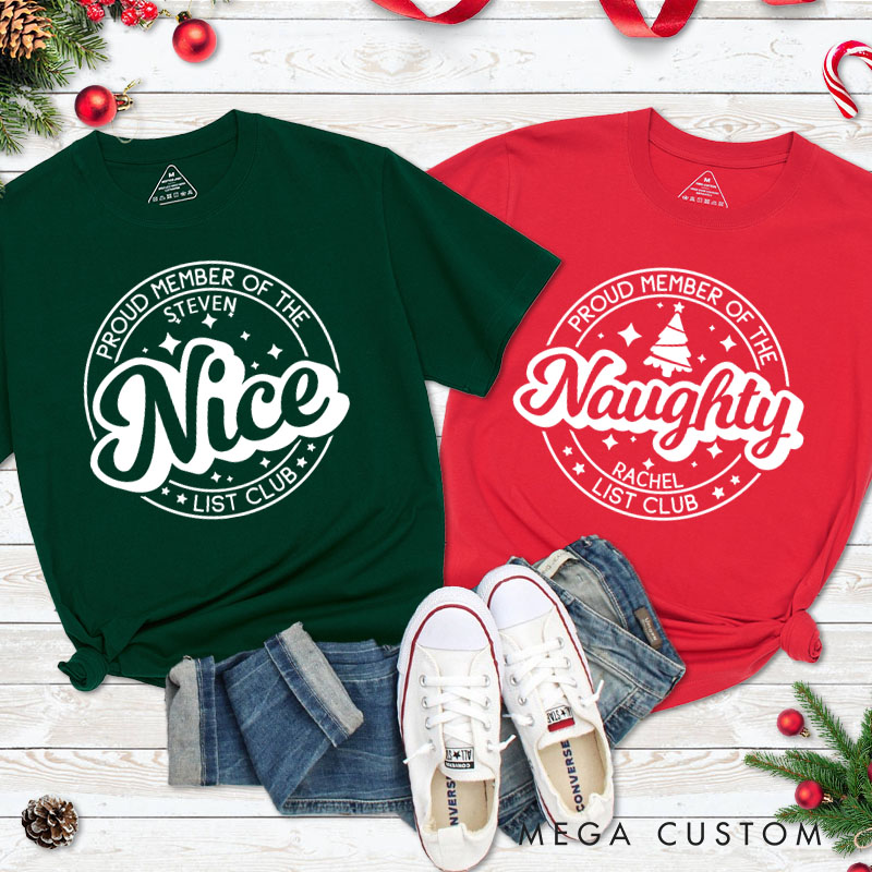 Personalized Couple Proud Member of the Nice and Naughty List Club Matching T-Shirt Couple Christmas Shirt for Husband Wife Boyfriend Girlfriend Gift
