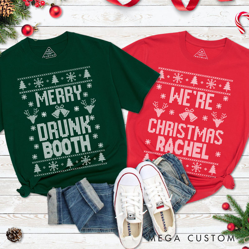 Personalized Couple Merry Drunk and We’re Christmas T-Shirt with Name Couple Xmas Matching T-Shirt for Husband Wife Boyfriend Girlfriend Tee Tops