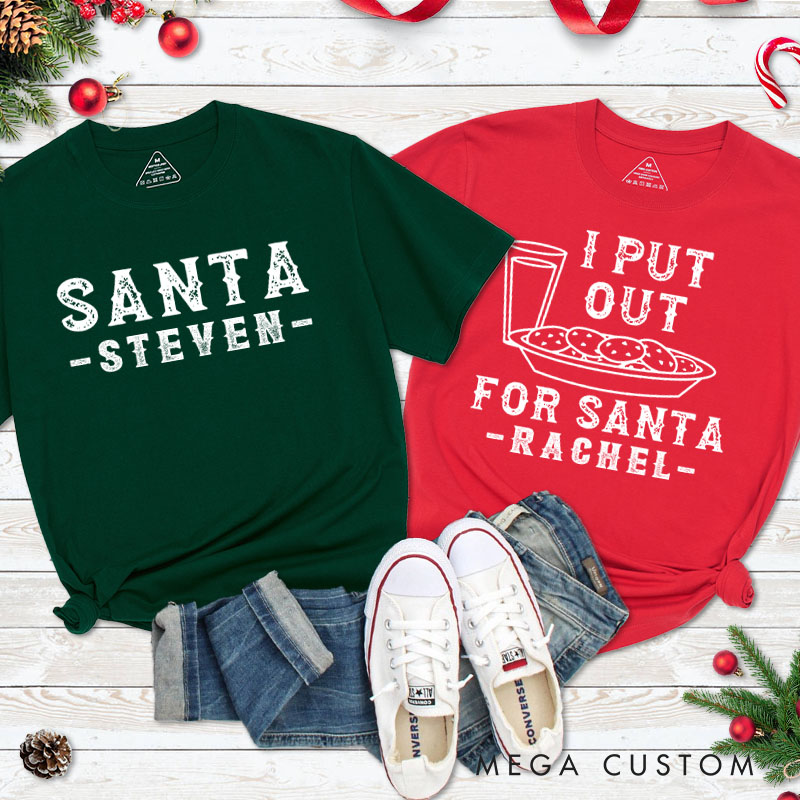 Personalized Couple Retro Santa and I Put Out for Santa T-Shirt with Name Couple Xmas Matching Shirt for Husband Wife Boyfriend Girlfriend Tee Tops