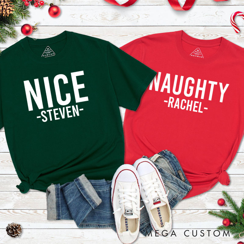 Personalized Couple Minimalist Nice and Naughty Christmas Matching T-Shirt Couple Xmas T-Shirt for Husband Wife Boyfriend Girlfriend Tee Tops