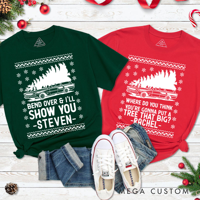 Personalized Couple Bend Over and I'll Show You Christmas Matching T-Shirt Car and Xmas Tree T-Shirt for Husband Wife Boyfriend Girlfriend Tee Tops