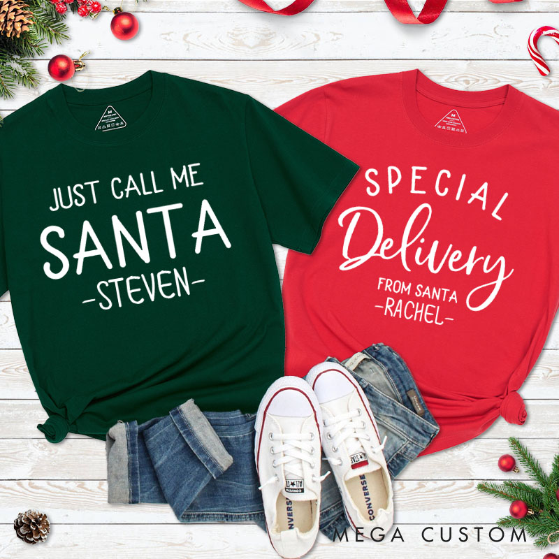 Personalized Couple Just Call Me Santa and Special Delivery from Santa T-Shirt Couple Christmas Matching T-Shirt for Husband Wife Boyfriend Girlfriend