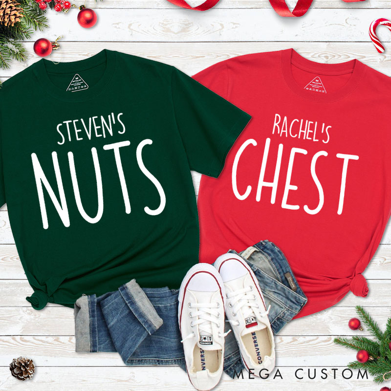 Personalized Couple Minimalist Nuts and Chest Christmas T-Shirt with Name Couple Xmas Matching T-Shirt for Husband Wife Boyfriend Girlfriend Tee Tops