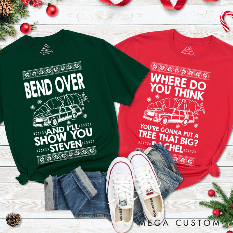 Personalized Couple Fun Bend Over and I’ll Show You Christmas T-Shirt Xmas Ugly Sweater Design Matching T-Shirt for Husband Wife Boyfriend Girlfriend