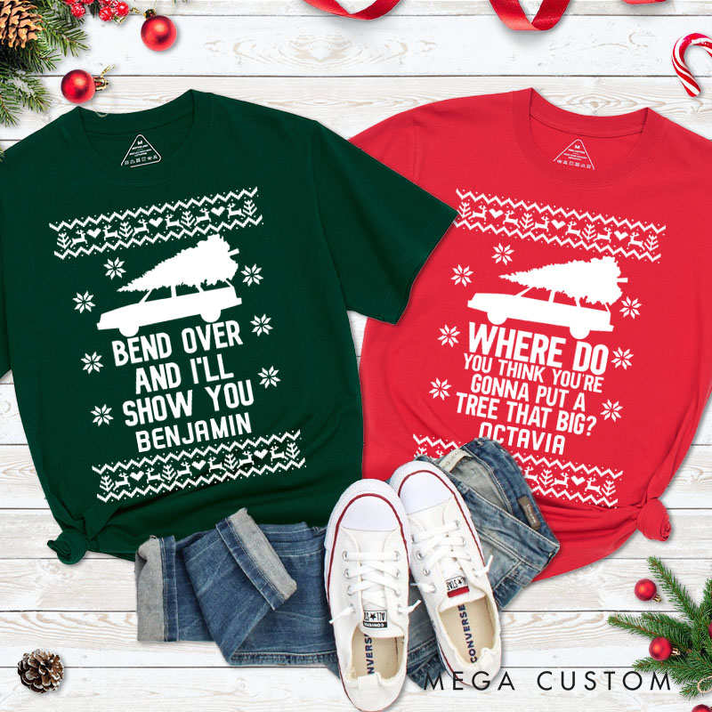 Personalized Couple Bend Over and I’ll Show You Christmas T-Shirt Couple Xmas Matching T-Shirt for Husband Wife Boyfriend Girlfriend