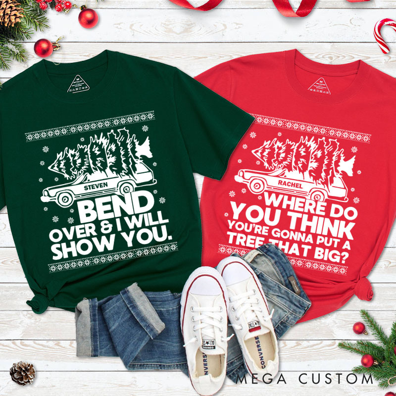 Personalized Couple Bend Over and I Will Show You Christmas T-Shirt Couple Xmas Truck with Tree Matching T-Shirt for Husband Wife Boyfriend Girlfriend