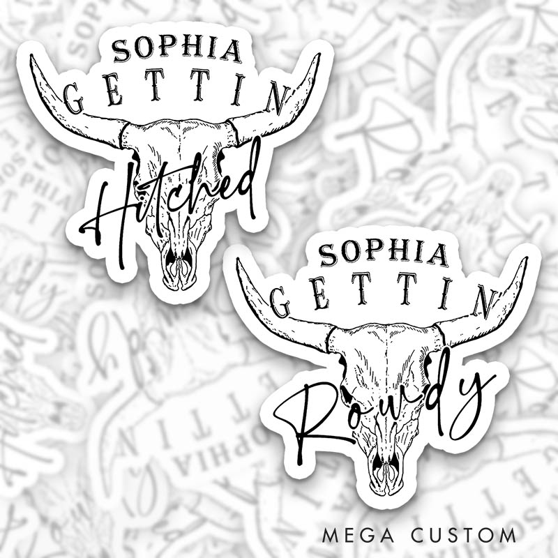 Personalized Bride Bull Skull Gettin' Hitched Sticker Bridesmaid Gettin' Rowdy Hen Party Sticker Wedding Hen Party Sticker Bachelorette Party