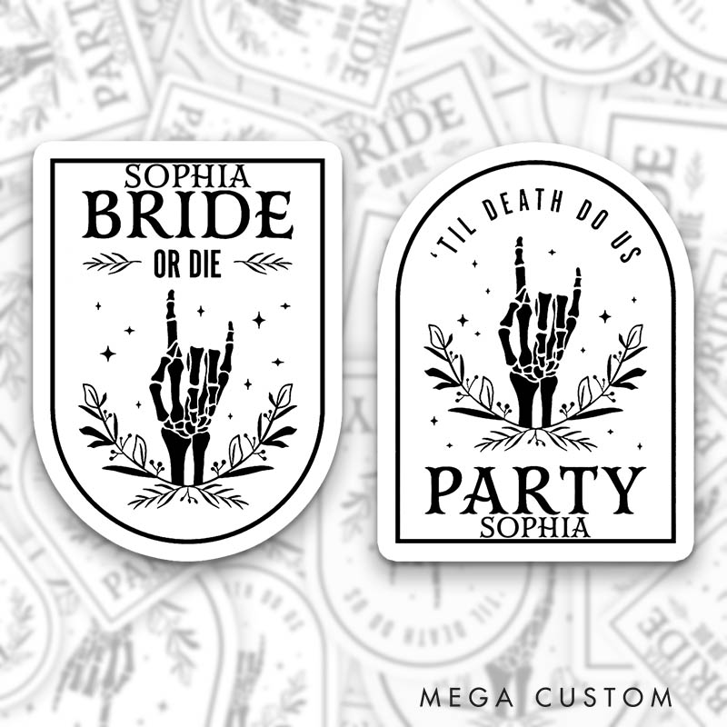 Personalized Bride or Die Skull Hand Leaf Wreath Halloween Sticker Bridesmaid Til Death Do Us Party Sticker Wedding Sticker Bachelorette Party Sticker