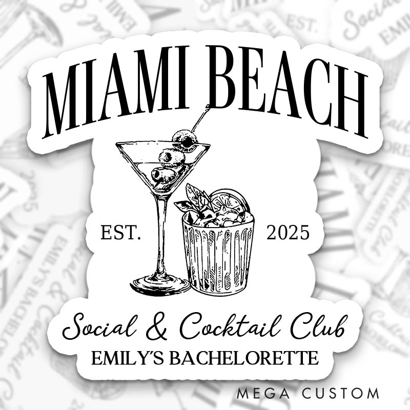 Personalized Bride Beach Social and Cocktail Club Sticker with Name and Date Bridesmaid Location Sticker Team Bride Wedding Sticker Bachelorette Party