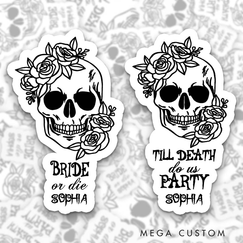 Personalized Bride or Die with Flower Skull Halloween Sticker Bridesmaid Till Death Do Us Party Sticker Team Bride Wedding Bachelorette Party Sticker