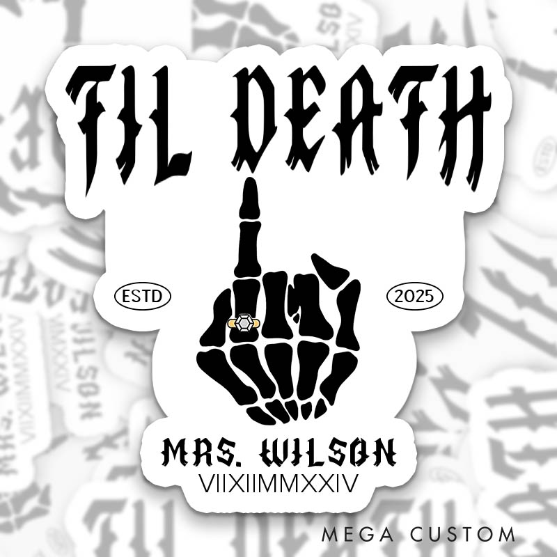 Personalized Bride Halloween Skull Hand Til Death Sticker Mrs. Bride Bachelorette Party Sticker with name and Date Bride Wedding Hen Party Sticker