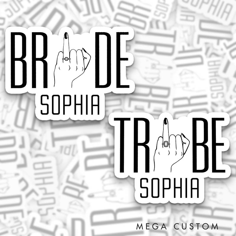 Personalized Funny Bride Hand With Diamond Ring Sticker Bridesmaid Bachelorette Party Sticker with name Team Bride Wedding Hen Party Sticker