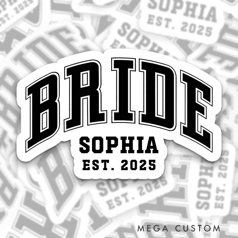 Personalized Varsity Style Bride Sticker with Name Mrs. Bride Bachelorette Party Sticker Bride Hen Party Sticker Wedding Bridal Party Sticker