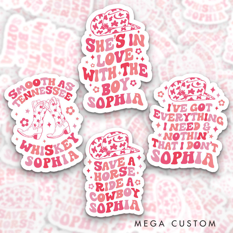 Personalized Pink Cowgirl Bride She's in Love with the Boy Sticker Bridesmaid Bachelorette Party Sticker Team Bride Wedding Hen Party Sticker