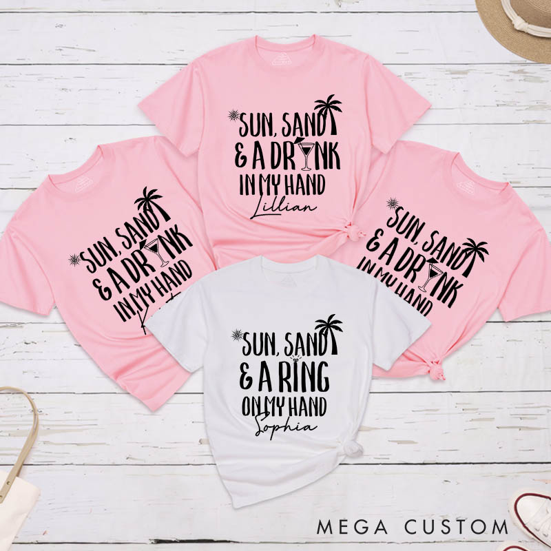 Personalized Bride Sun Sand and A Ring on My Hand Matching T-Shirt Bridesmaid T-Shirt Bride's Crew T-Shirt Bachelorette Party Gift