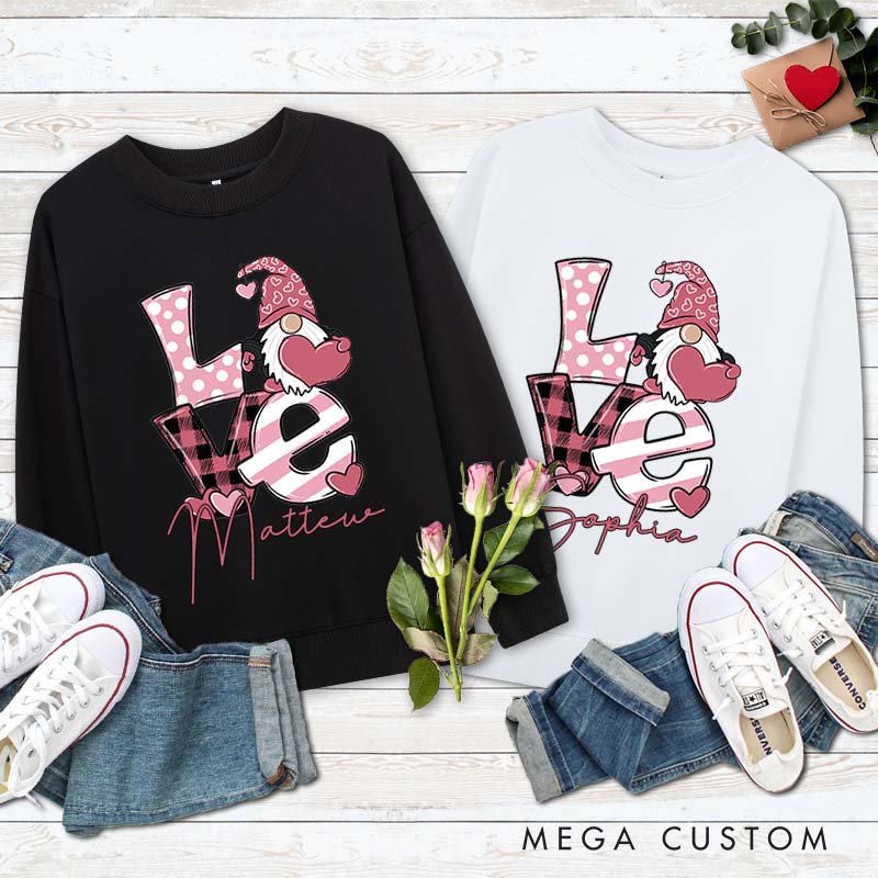 Personalized Couple Playful LOVE Gnome Matching Sweatshirt with Name Couple Valentine’s Day Sweatshirt for Husband Wife Boyfriend Girlfriend