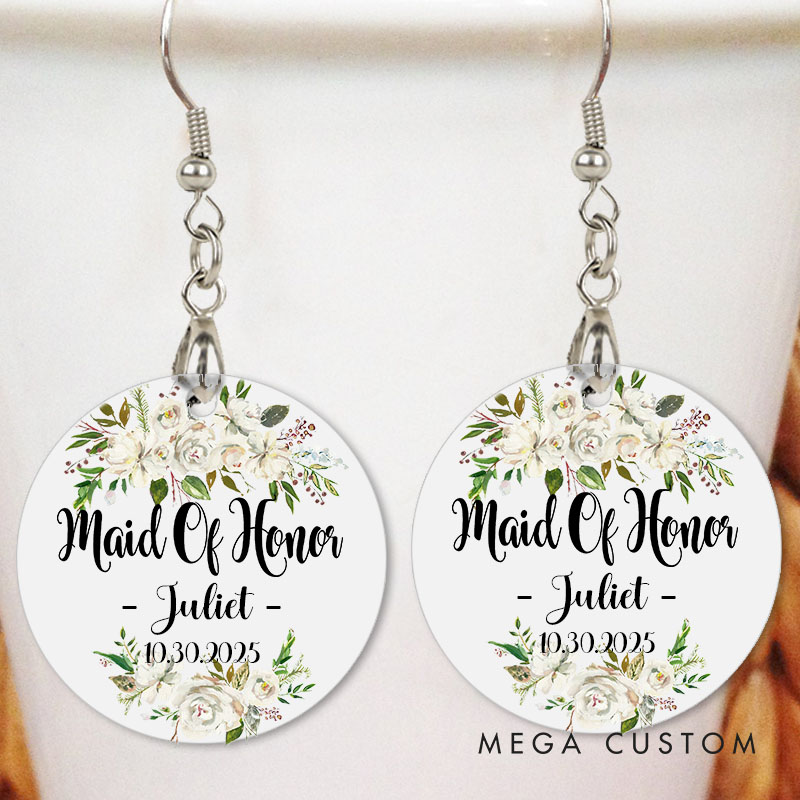 Personalized Floral Maid of Honor Earrings Bride Earrings Bachelorette Party Gift