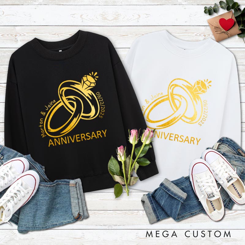 Personalized Golden Rings Anniversary Sweatshirt Elegant Celebrate Couple Anniversary Outfits for Husband Wife Anniversary Gift Tops