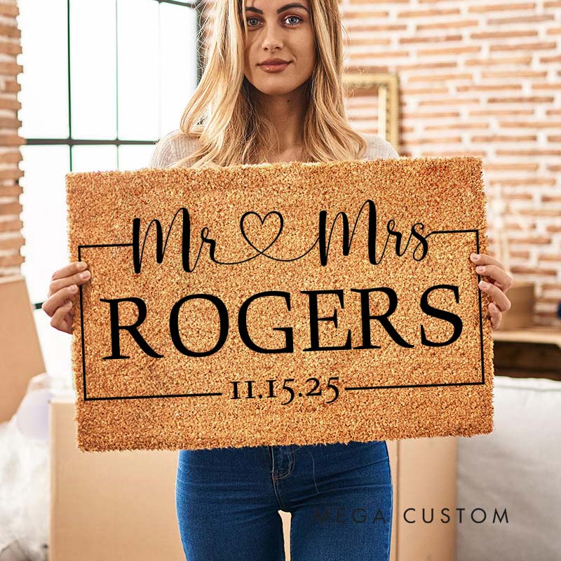Personalized Couple Mr and Mrs with Heart Doormat Custom Newlyweds Last Name Date Door Mat Valentine's Day Hubby Wifey Husband Wife Gift for Him Her