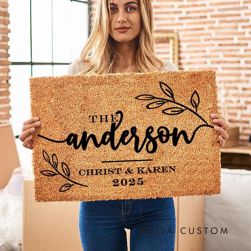 Personalized Couple Last Name with Leaf Wreath Doormat Custom Newlyweds First Name Date Door Mat Mr and Mrs Hubby Wifey Husband Wife Gift for Him Her