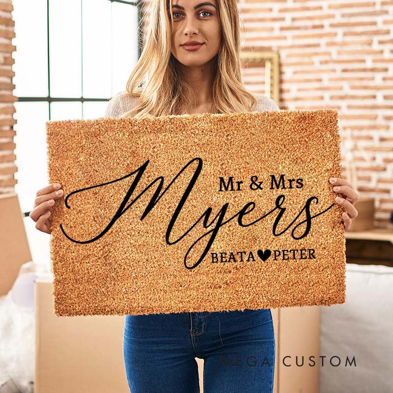 Personalized Couple Mr. and Mrs. Last Name Doormat Custom Newlyweds First Name with Heart Door Mat Doormat Hubby Wifey Husband Wife Gift for Him Her