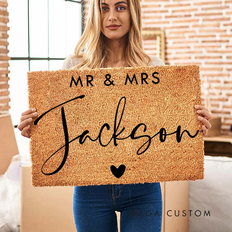 Personalized Couple Mr. and Mrs. Last Name with Heart Doormat Custom Newlyweds Door Mat Valentine's Day Hubby Wifey Husband Wife Gift for Him Her