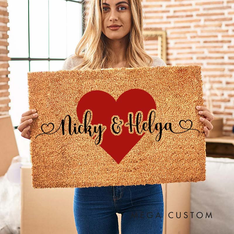 Personalized Couple Name with Red Heart Doormat Newlyweds Door Mat Boyfriend Girlfriend Valentine's Day Gift Wedding Husband Wife Gift for Him Her