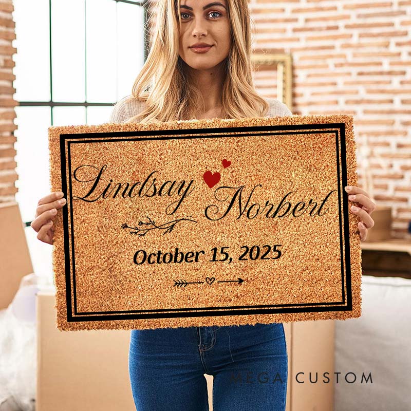 Personalized Couple 2 Frames Doormat Custom Newlyweds Floral Door Mat Hubby Wifey Name and Date Doormat Wedding Husband Wife Gift for Him Her