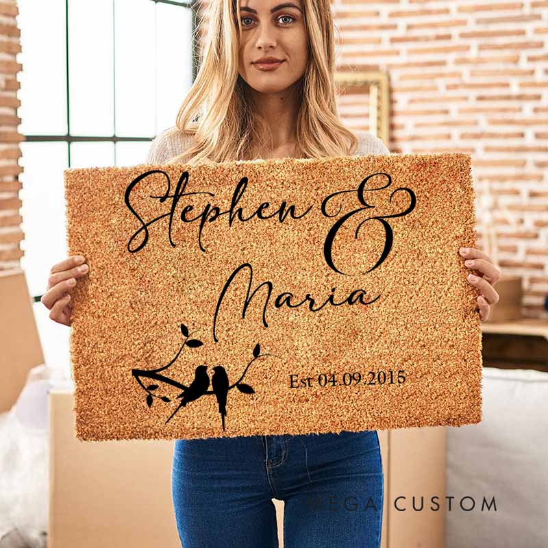 Personalized Love Birds Couple Doormat Custom Wedding Anniversary Gift Doormat for Couple Home Decor Doormat with Name and Date