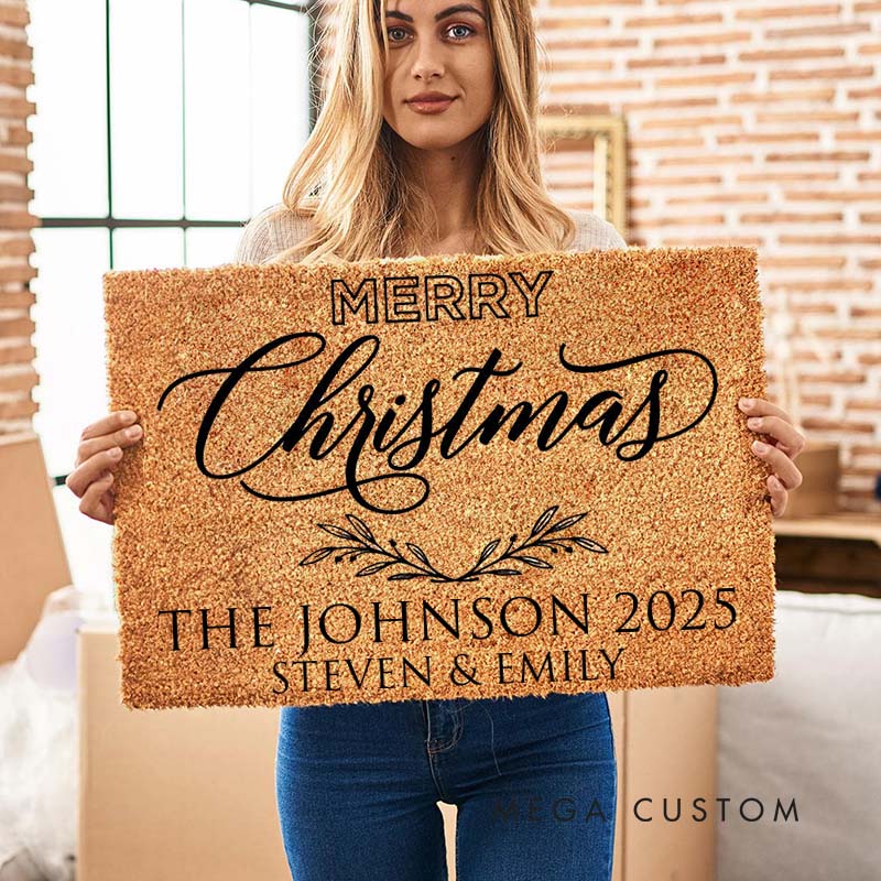 Personalized Couple Last Name Merry Christmas with Leaf Wreath Doormat Custom Newlyweds First Name Door Mat Hubby Wifey Husband Wife Gift for Him Her