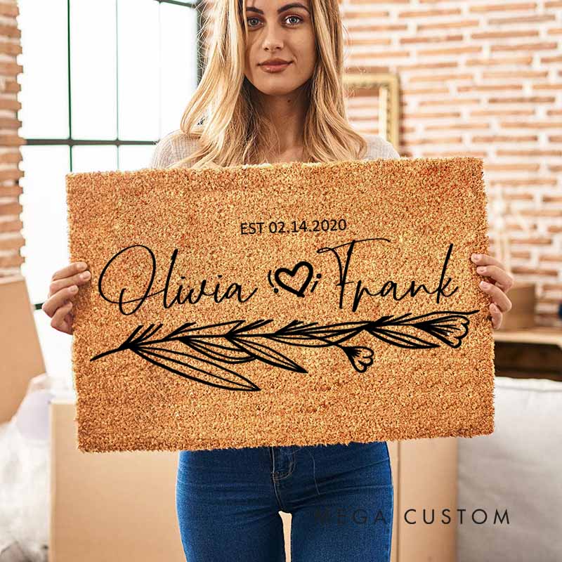 Personalized Couple Anniversary Doormat Wife Husband Wedding Anniversary Doormat Romantic Floral Branch Design Doormat with Name and Date