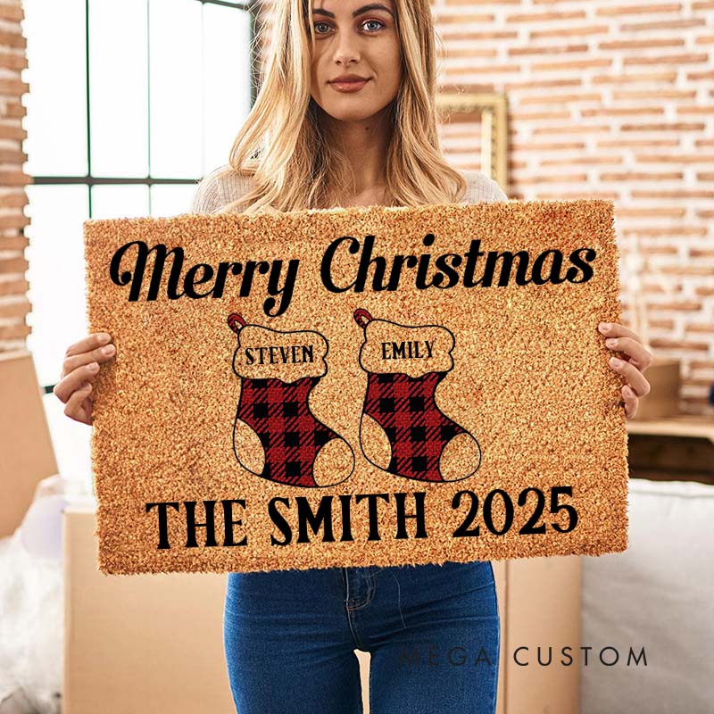 Personalized Couple Merry Christmas Plaid Stocking Doormat Custom Newlywed Last Name Xmas Door Mat Hubby Wifey Husband Wife Christmas Gift for Him Her
