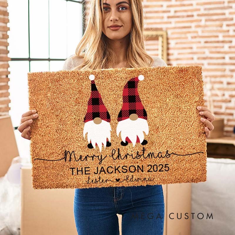 Personalized Couple Plaid Gnome Merry Christmas Doormat Custom Newlywed Name Xmas Door Mat Hubby Wifey Husband Wife Christmas Gift for Him Her