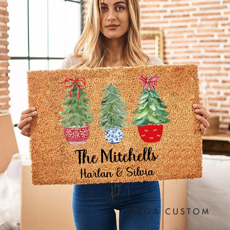 Personalized Couple Last Name with Christmas Tree Doormat Custom Newlywed First Name Xmas Door Mat Mr and Mrs Husband Wife Christmas Gift for Him Her