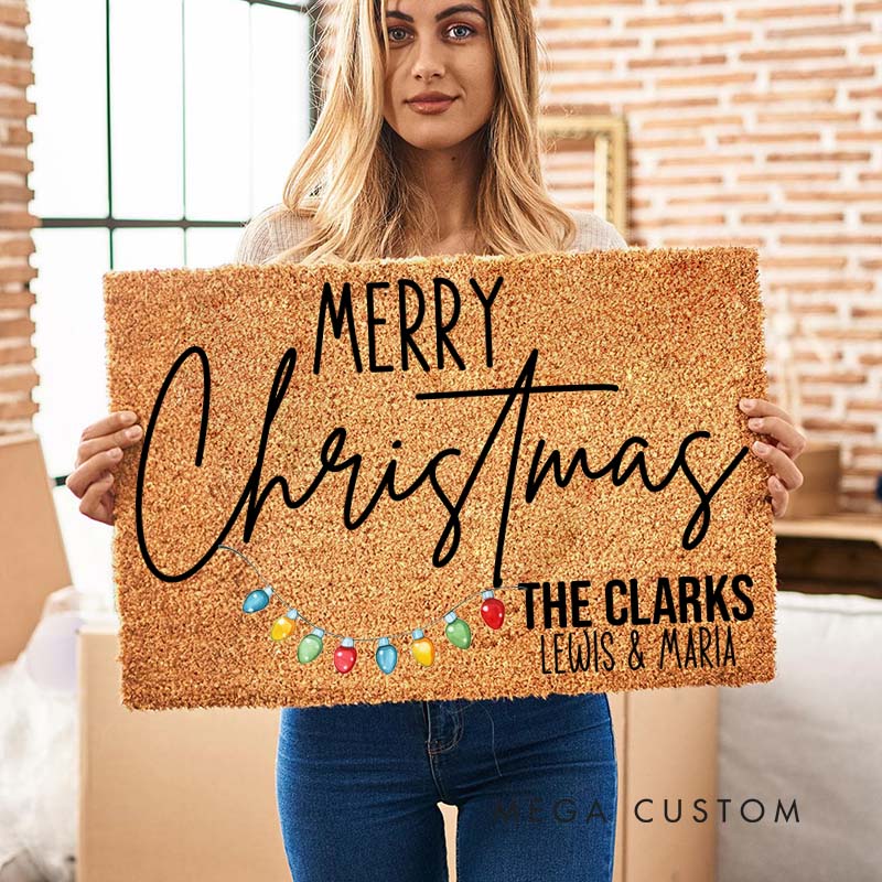 Personalized Couple Last Name with Merry Christmas Light Doormat Newlywed First Name Xmas Door Mat Mr and Mrs Husband Wife Christmas Gift for Him Her
