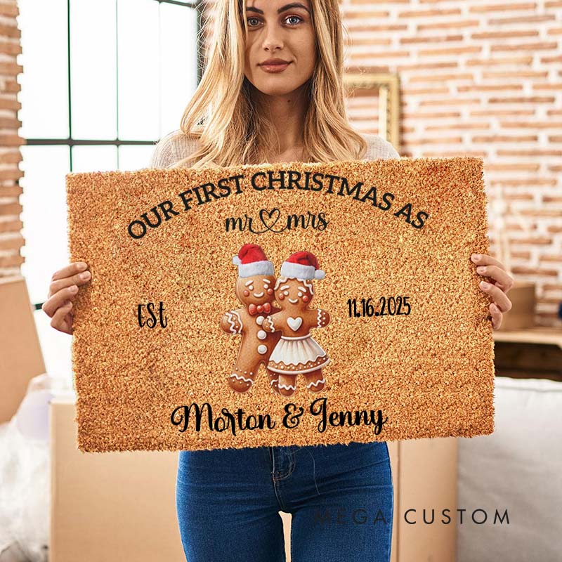 Personalized Couple Our First Christmas as Mr. and Mrs. Doormat Custom Gingerbread Newlyweds Name Xmas Doormat Husband Wife Christmas Gift for Him Her