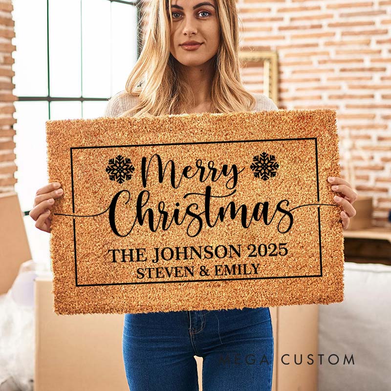 Personalized Couple Last Name Merry Christmas with Snowflake Doormat Custom Newlyweds First Name Xmas Doormat Husband Wife Christmas Gift for Him Her
