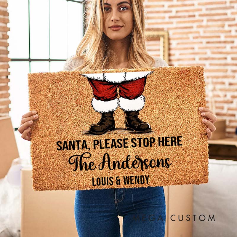 Personalized Couple Santa Please Stop Here Christmas Doormat Newlywed Last Name Xmas Doormat Husband Wife Name Doormat Christmas Gift for Him Her