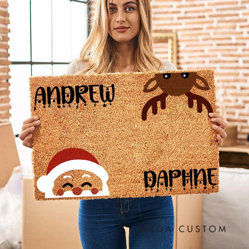 Personalized Couple Cute Santa and Reindeer Christmas Doormat Newlywed Name Xmas Doormat Husband Wife Boyfriend Girlfriend Christmas Gift for Him Her