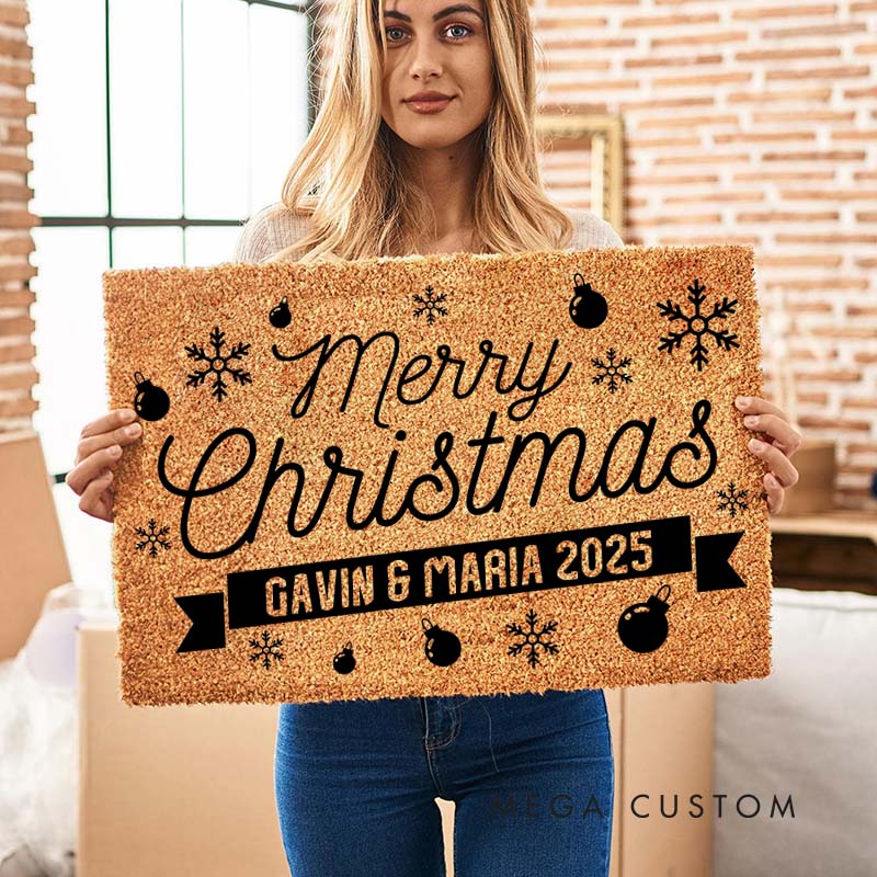 Personalized Couple Merry Christmas with Ball and Snowflake Doormat Newlywed Xmas Doormat Husband Wife Boyfriend Girlfriend Christmas Gift for Him Her