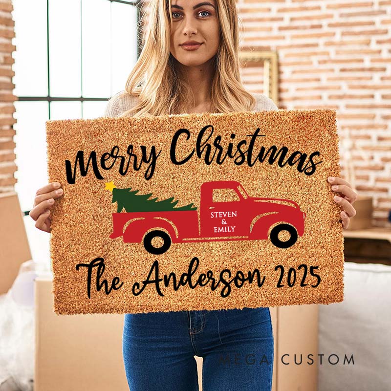 Personalized Couple Merry Christmas with Truck and Tree Doormat Newlywed Last Name Xmas Doormat Husband Wife Name Doormat Christmas Gift for Him Her